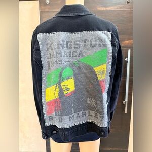 Upcycled Style&Co Bob Marley Black Stretch Denim Jacket Size XL